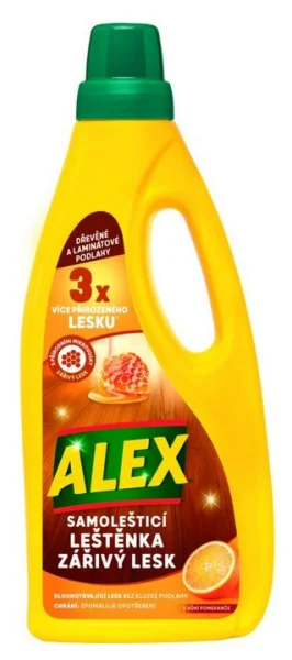 ALEX leštěnka ZÁŘIVÝ LESK na dřevo a laminát 750ml, žlutá láhev zelený vršek