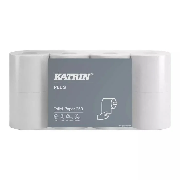 Toaletní papír KATRIN PLUS 250út. 3vrst. celuloza bílý 8rolí v balení 67589