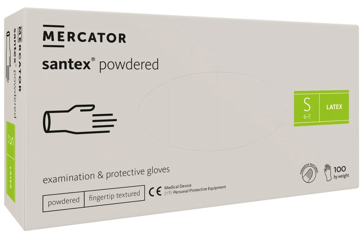 RUKAVICE LATEX santex PUDROVANÉ č.7/S, 100ks bílé